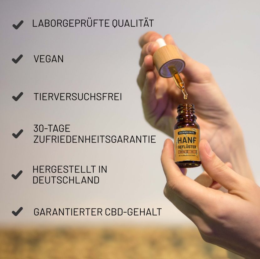 Hand hält eine braune Flasche mit Tropfer. Aufschrift 'HANFGEFLÜSTER'. Text: Laborgeprüfte Qualität, Vegan, Tierversuchsfrei, 30 Tage Garantie.