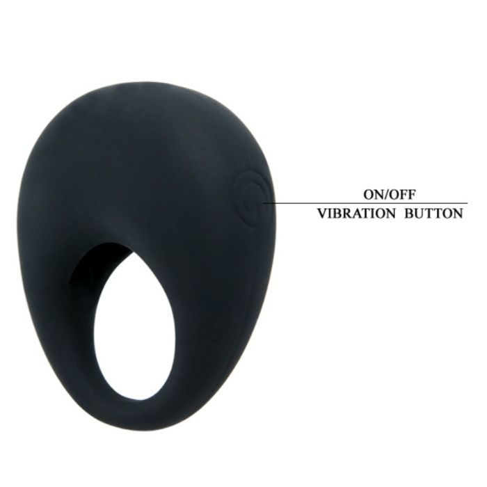 Schwarzer Silikonring mit ovaler Form. Beschriftung: ON/OFF VIBRATION BUTTON.
