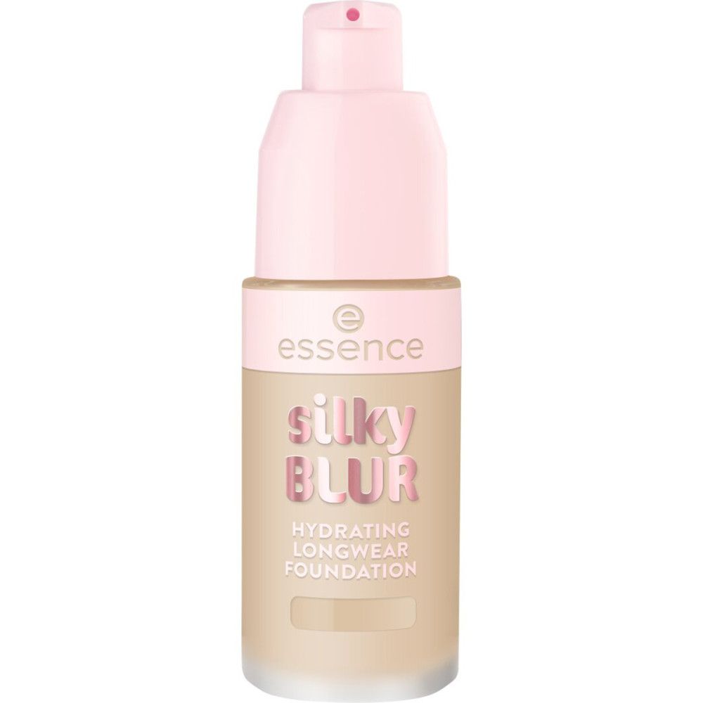 Foundation-Flakon mit rosa Pumpkopf und Deckel. Aufschrift: Silky Blur, Hydrating Longwear Foundation. Marke: essence.
