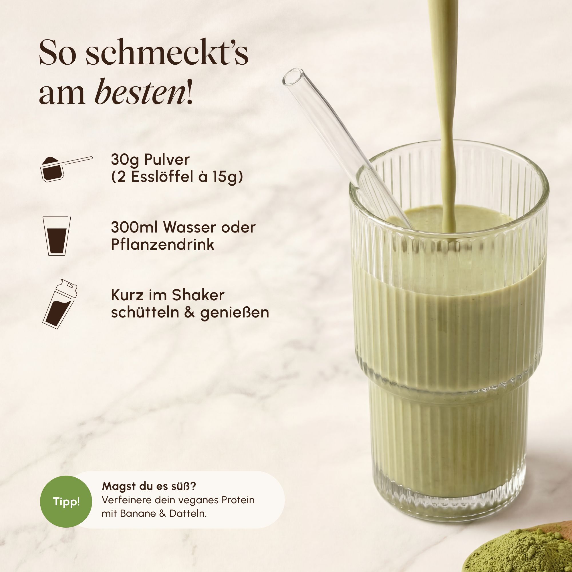Zubereitung von VETAIN Protein-Shake: Pulver mit Flüssigkeit mischen und schütteln.