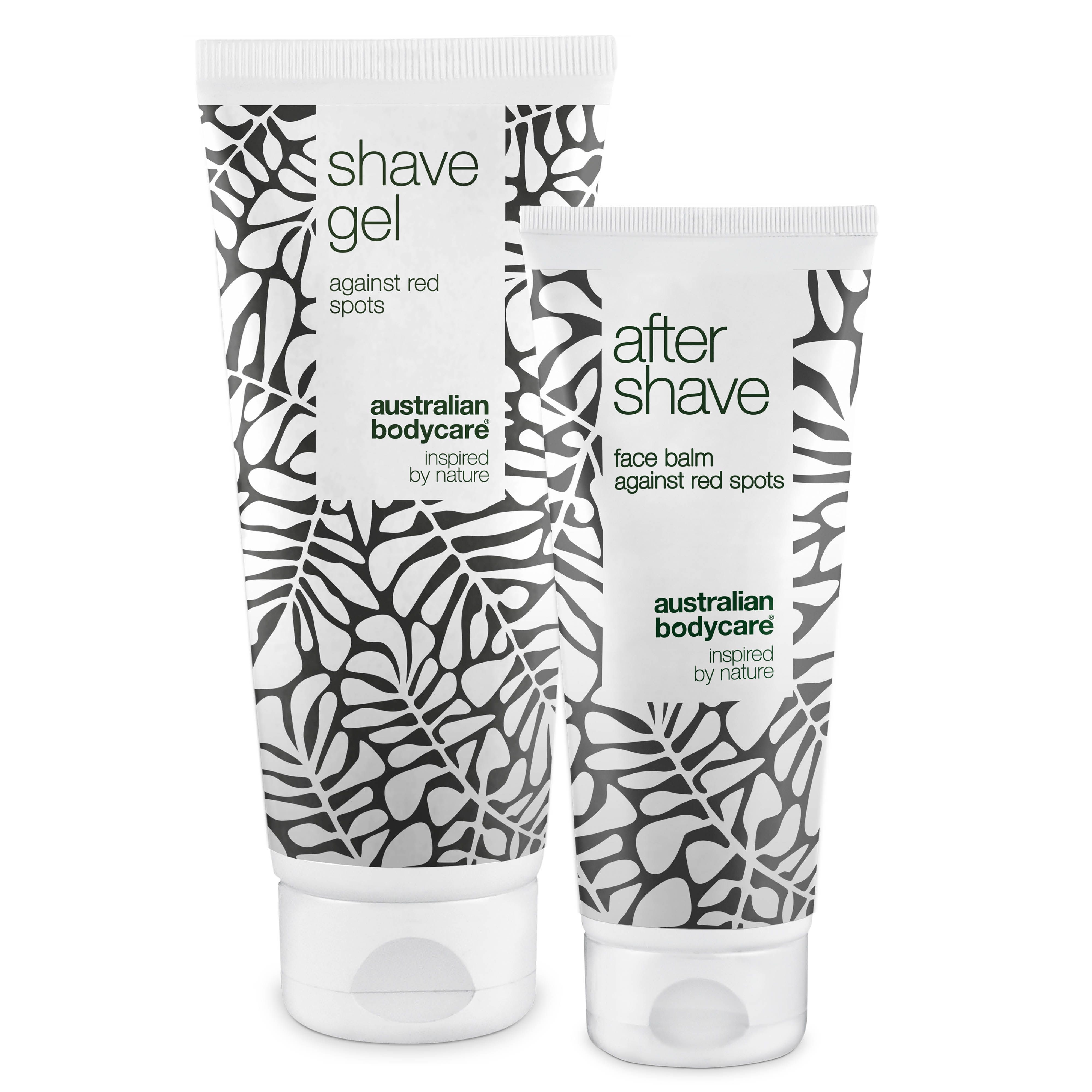 Zwei Tuben, eine mit "Shave Gel", die andere mit "After Shave". Beide mit Blättermuster und weißem Hintergrund.