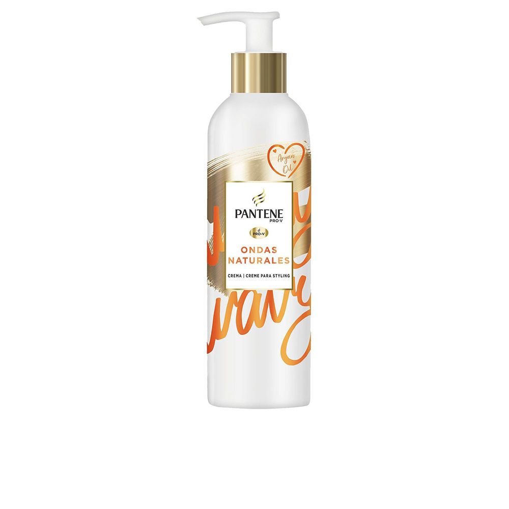 Weiße Flasche mit Pumpverschluss. Aufschrift: PANTENE, ONDAS NATURALES, Creme für Styling. Goldene und orangefarbene Akzente.