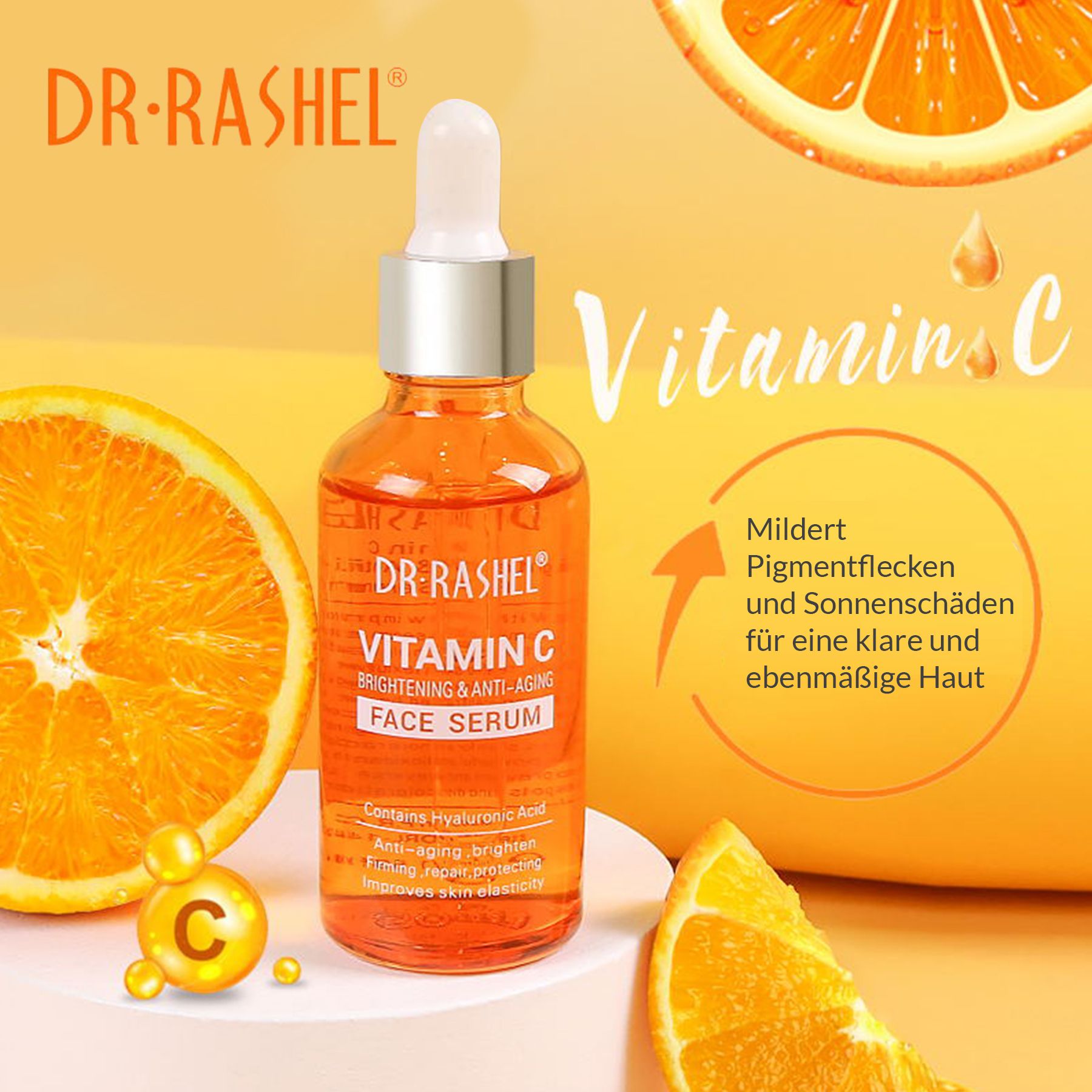 Flasche DR. RASHEL Vitamin C Serum. Orangefarbene Flüssigkeit. Text: Vitamin C, Brightening & Anti-Aging Face Serum. Orangen-Hintergrund.