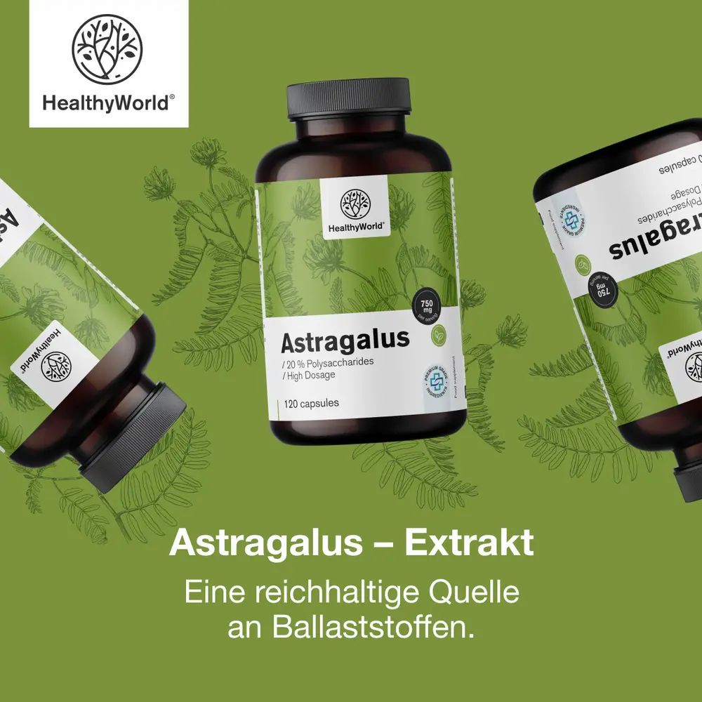 Flasche mit Astragalus-Extrakt, 120 Kapseln, mit Text über Körper und Geist.