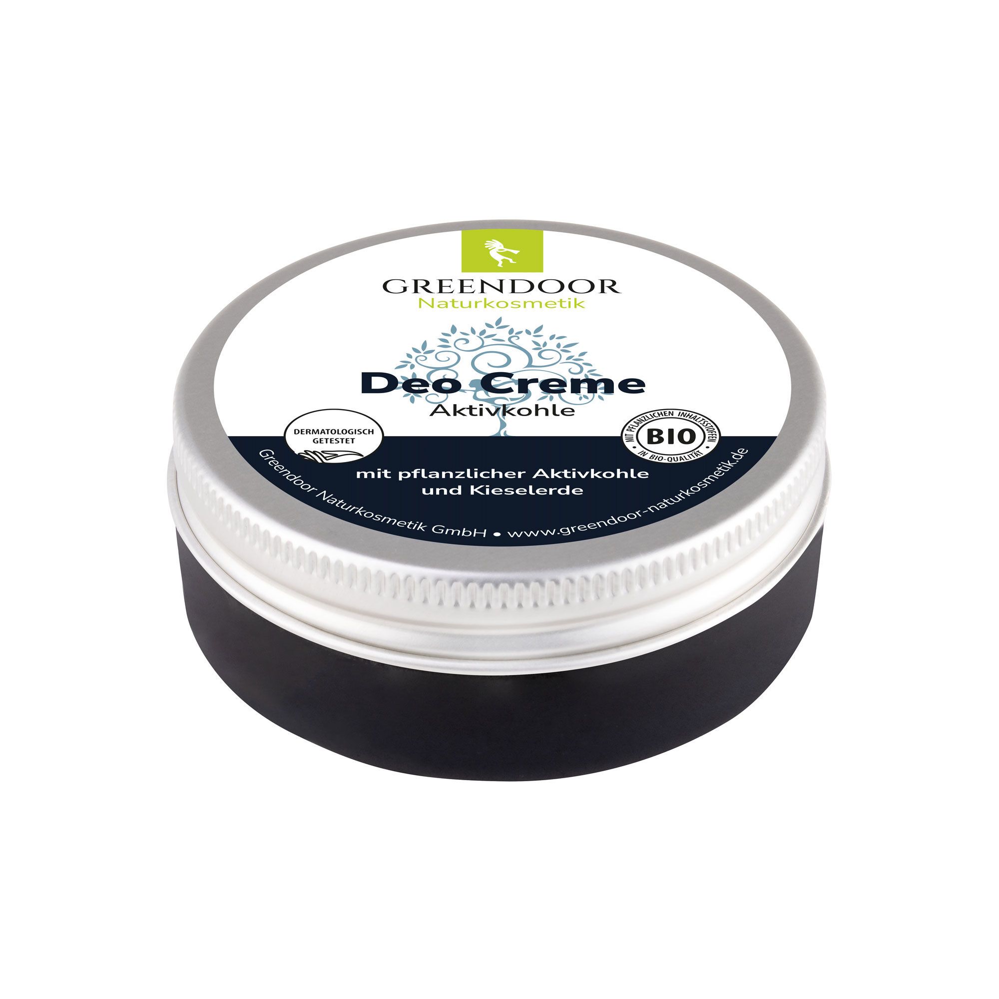 Runde Dose mit Deckel. Aufschrift: Deo Creme Aktivkohle. Logo: Greendoor Naturkosmetik. Mit Bio-Siegel. Schwarzer Behälter, silberner Deckel.
