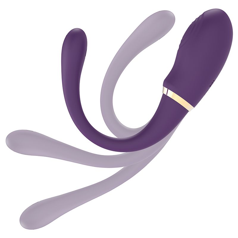 Lila Vibrator mit zwei Armen. Goldfarbener Ring. Abgerundete Form.