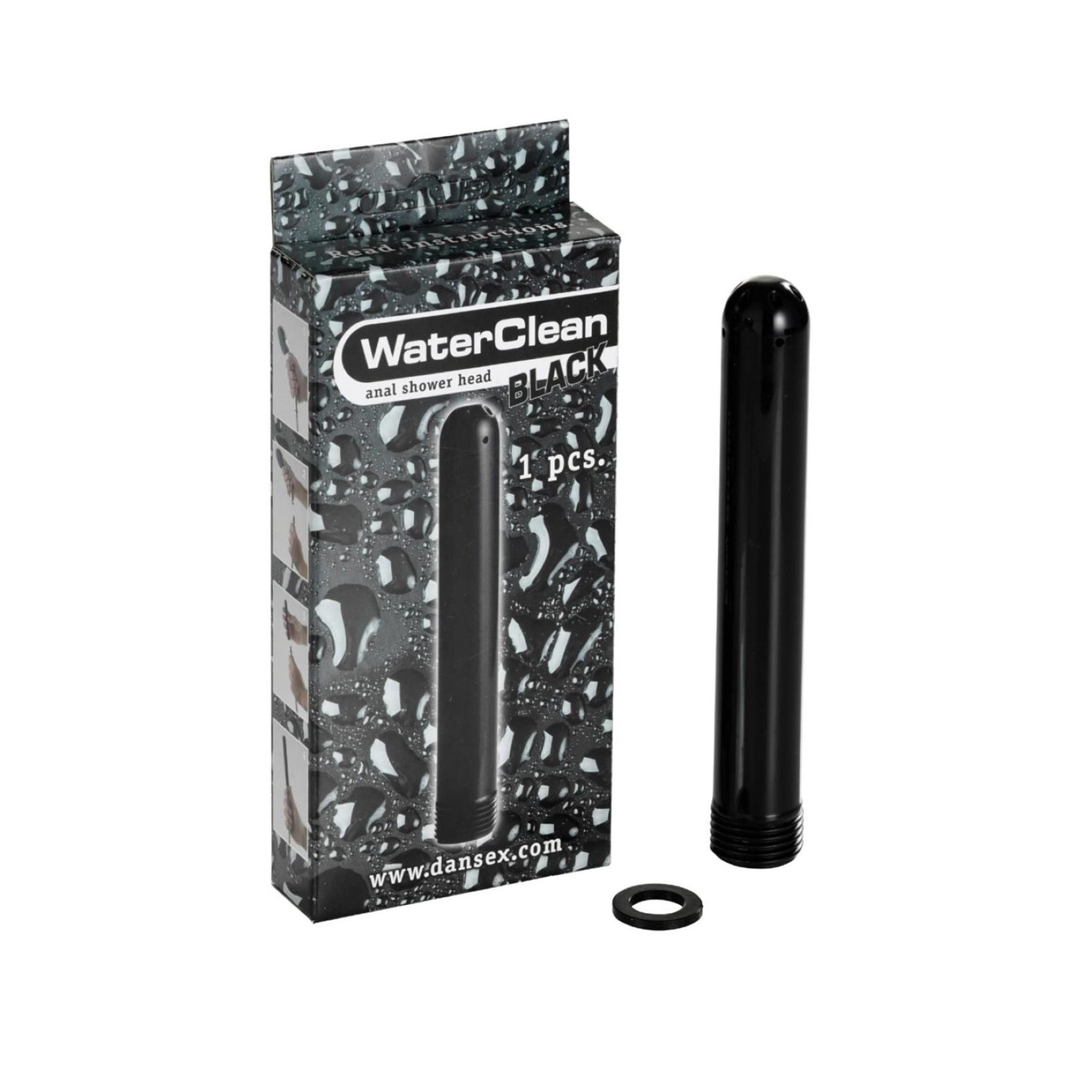 Schwarzer Duschkopf für die Intimreinigung und ein Dichtungsring, neben der Verpackung.