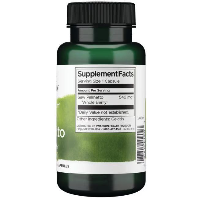 Rückseite der grünen Flasche. Aufschrift: Swanson, Saw Palmetto, 540 mg. Zutaten: Gelatine. 100 Kapseln.