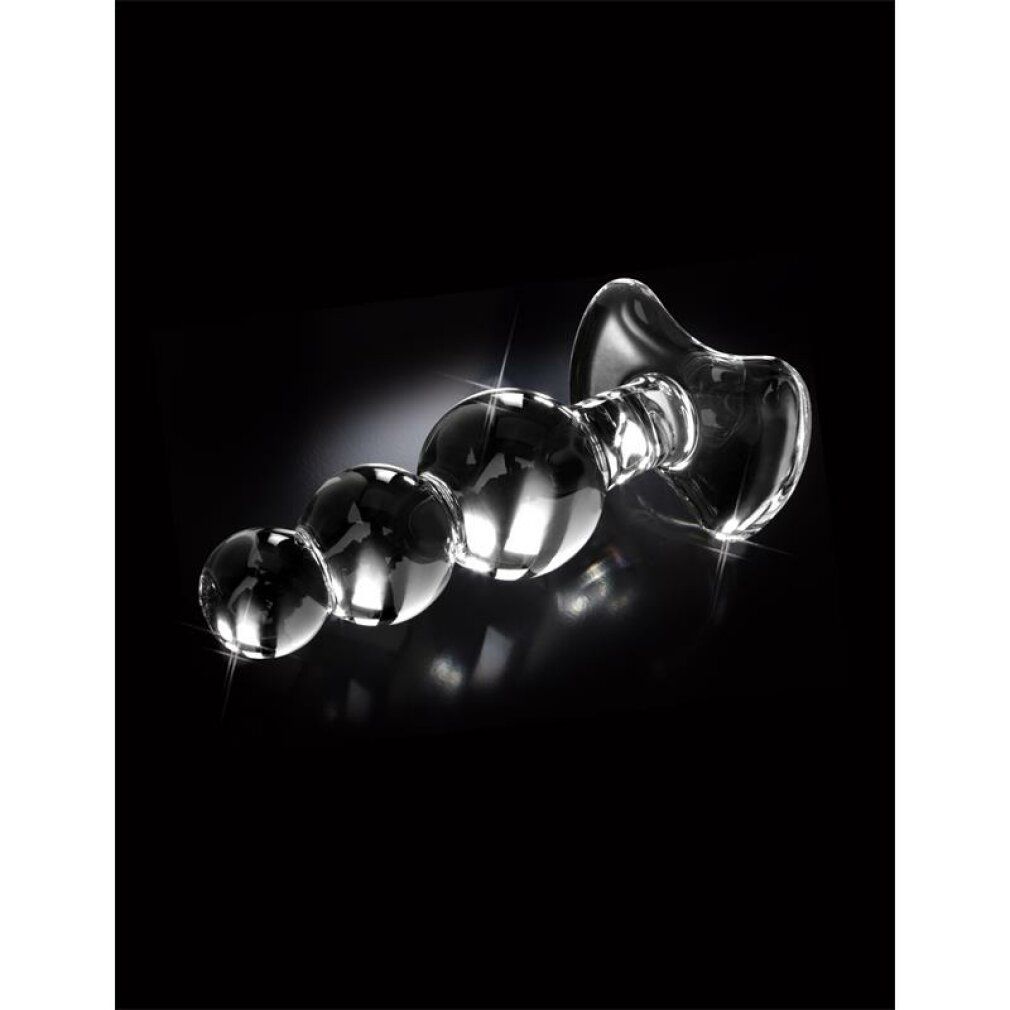 Glas-Plug mit drei Kugeln und einem breiten, tropfenförmigen Fuß. Perspektivische Ansicht, glänzende Oberfläche.