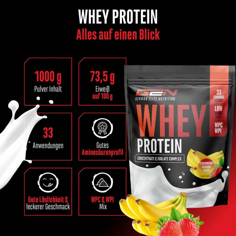 Schwarze Tüte mit GEN Whey Protein Komplex. Enthält 1000g Pulver, 73,5g Eiweiß pro 100g. Mit Bananen und Erdbeeren.