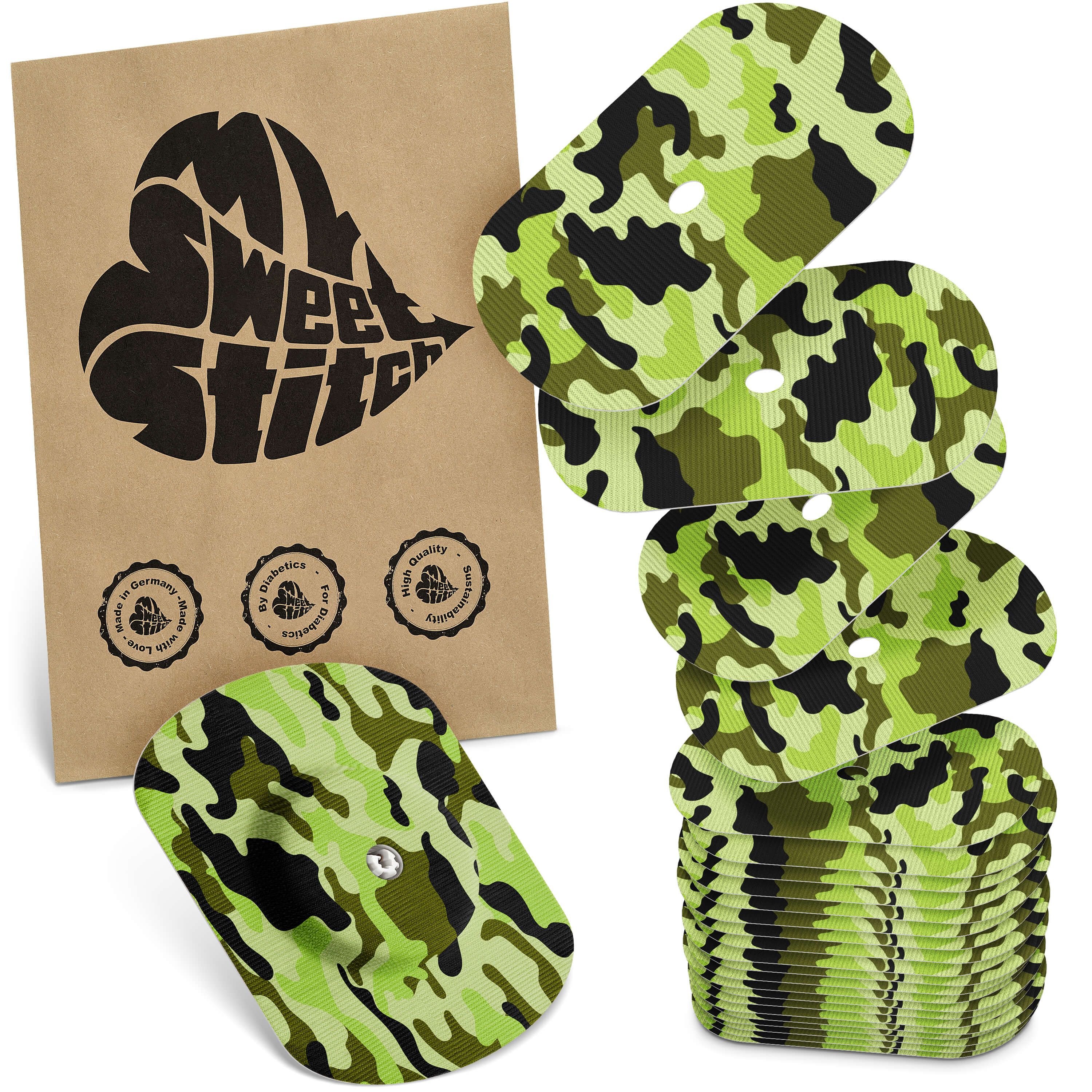 Overpatches mit Camouflage-Muster. Braune Verpackung mit Logo. Mehrere Patches gestapelt und einzeln.