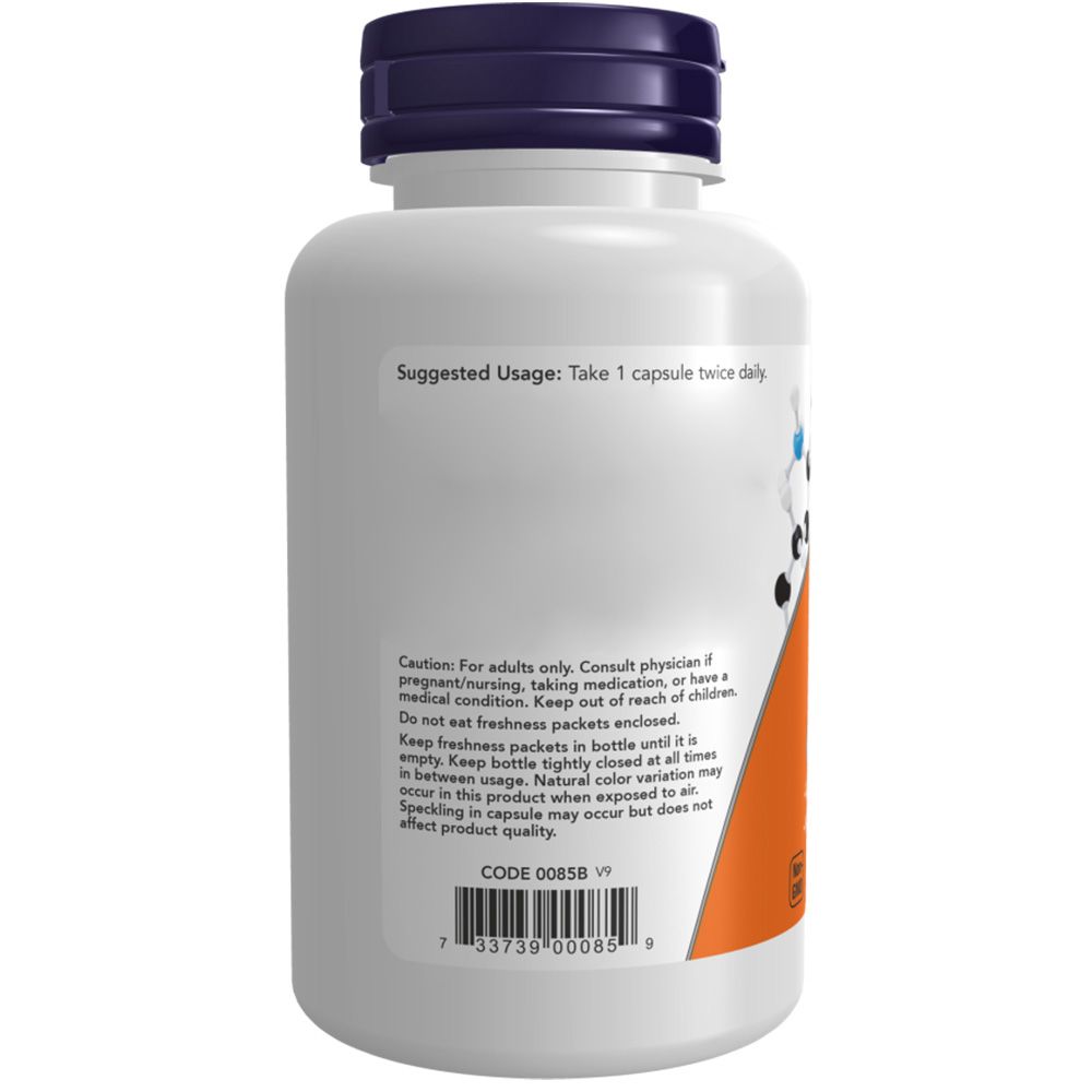 Rückseite der Flasche. Orangefarbenes Etikett mit Gebrauchsanweisung. Enthält Code und Barcode. Weißer Behälter mit blauem Deckel.