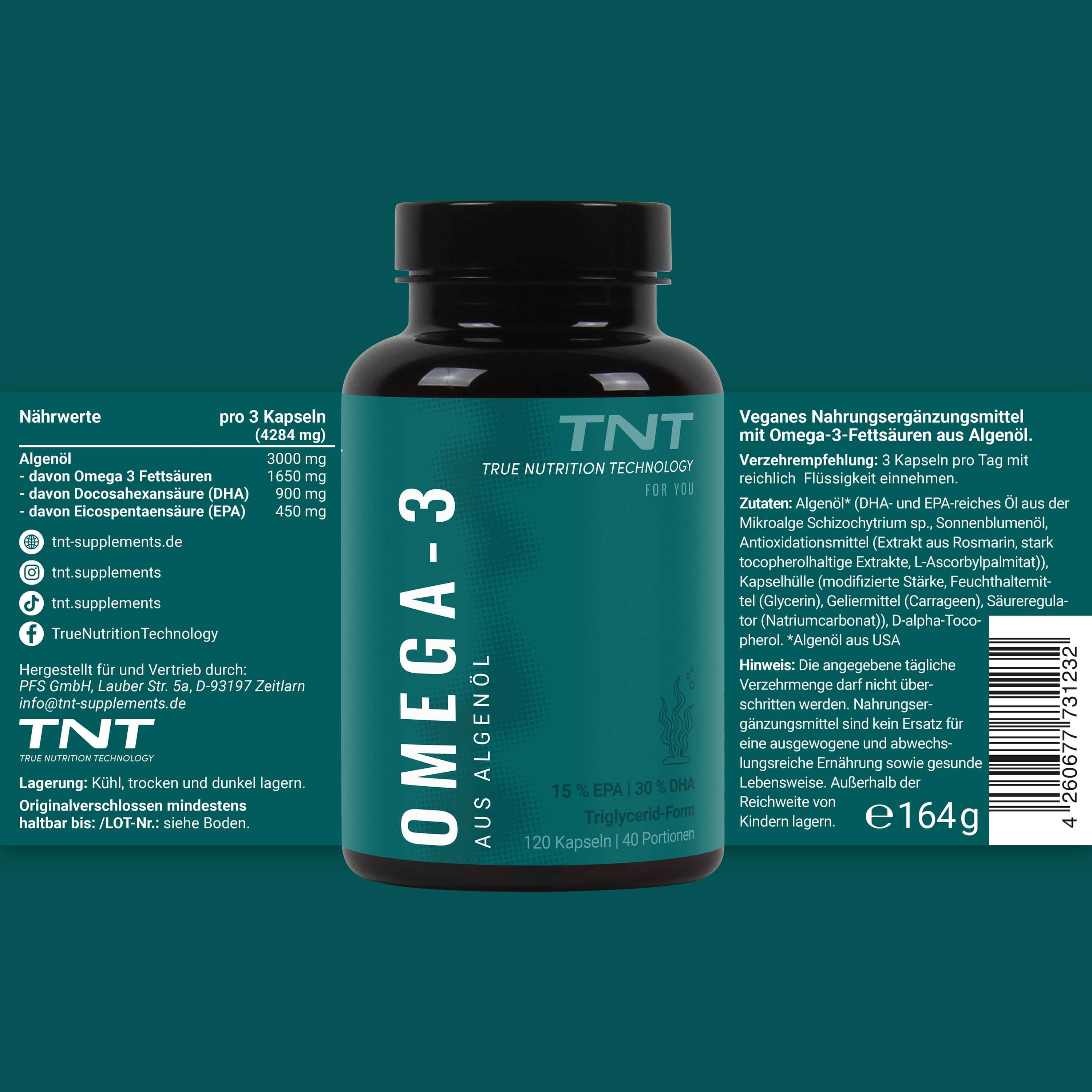 Dunkle Flasche mit grüner Banderole. Aufschrift OMEGA-3, TNT, aus Algenöl. Rückseite mit Text.