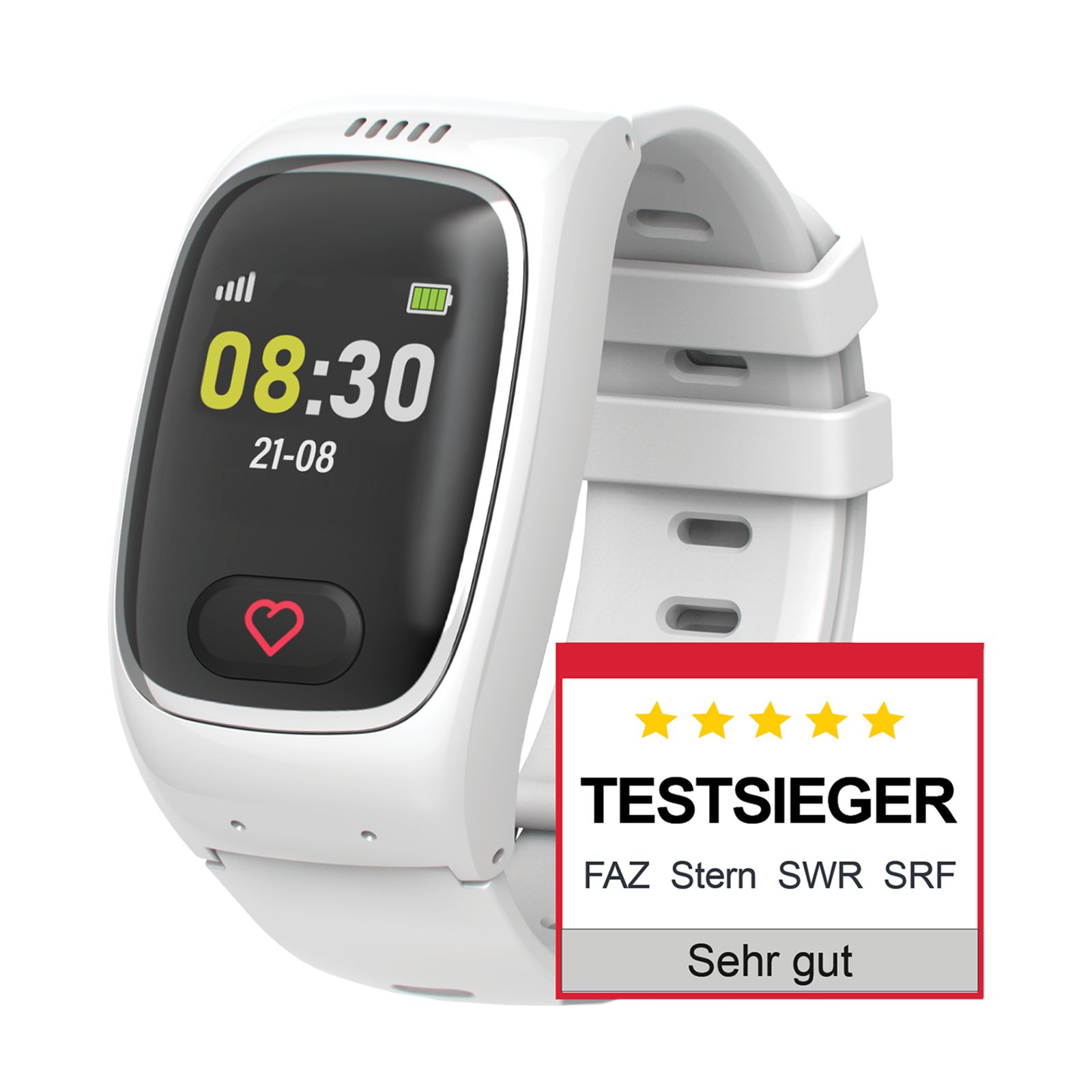 Weiße Smartwatch mit Herzfrequenzsensor. Zeigt Uhrzeit, Datum und Akkustand an.