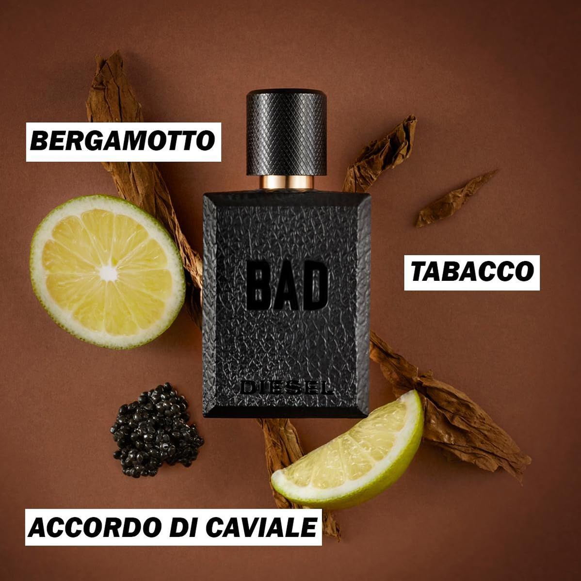 Diesel Bad Eau de Toilette mit Bergamotte, Tabak und Kaviar-Akkord.