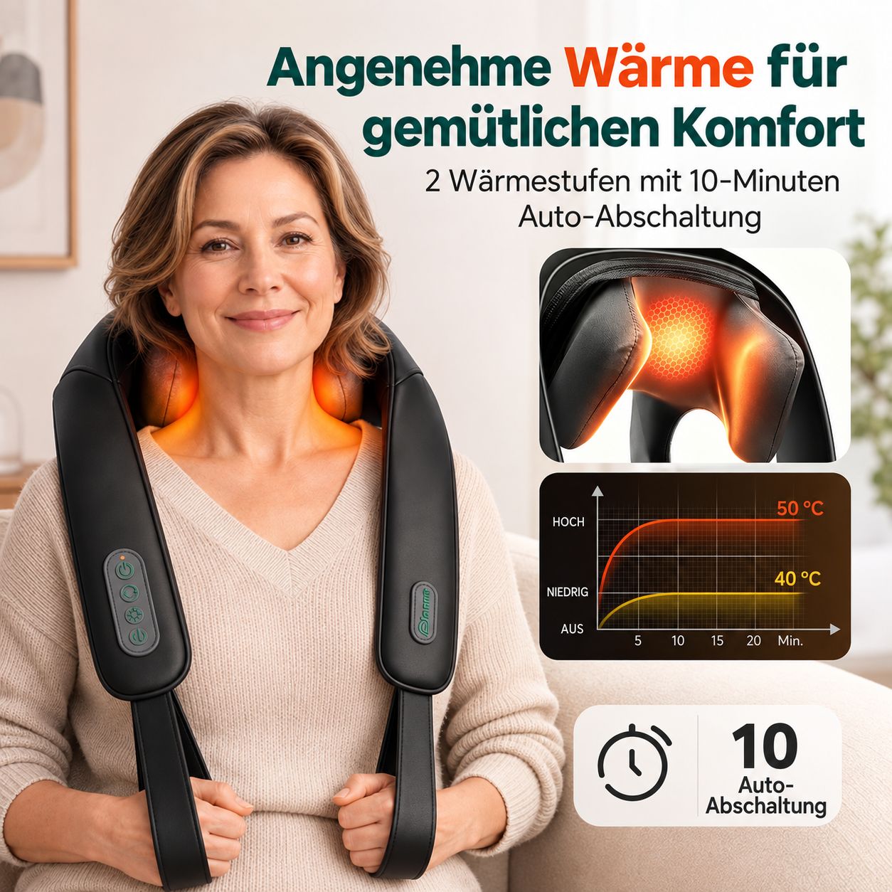 Elektrisches Massagegerät mit rotierendem Kopf, 3 Aufsätzen und Geschwindigkeitsregler.
