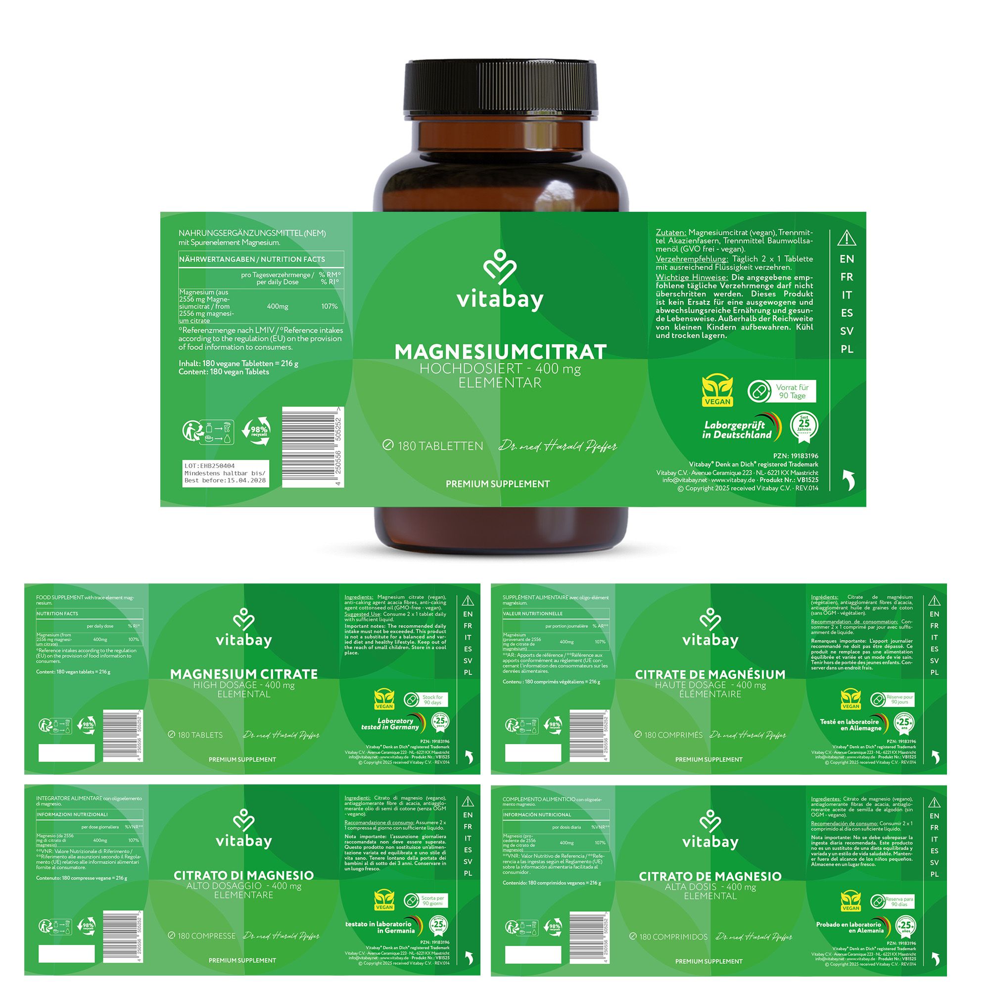 Glasflasche mit grüner Beschriftung. Text: Magnesiumcitrat 400 mg. 180 Tabletten. Vitabay Logo. Mehrsprachige Etiketten.