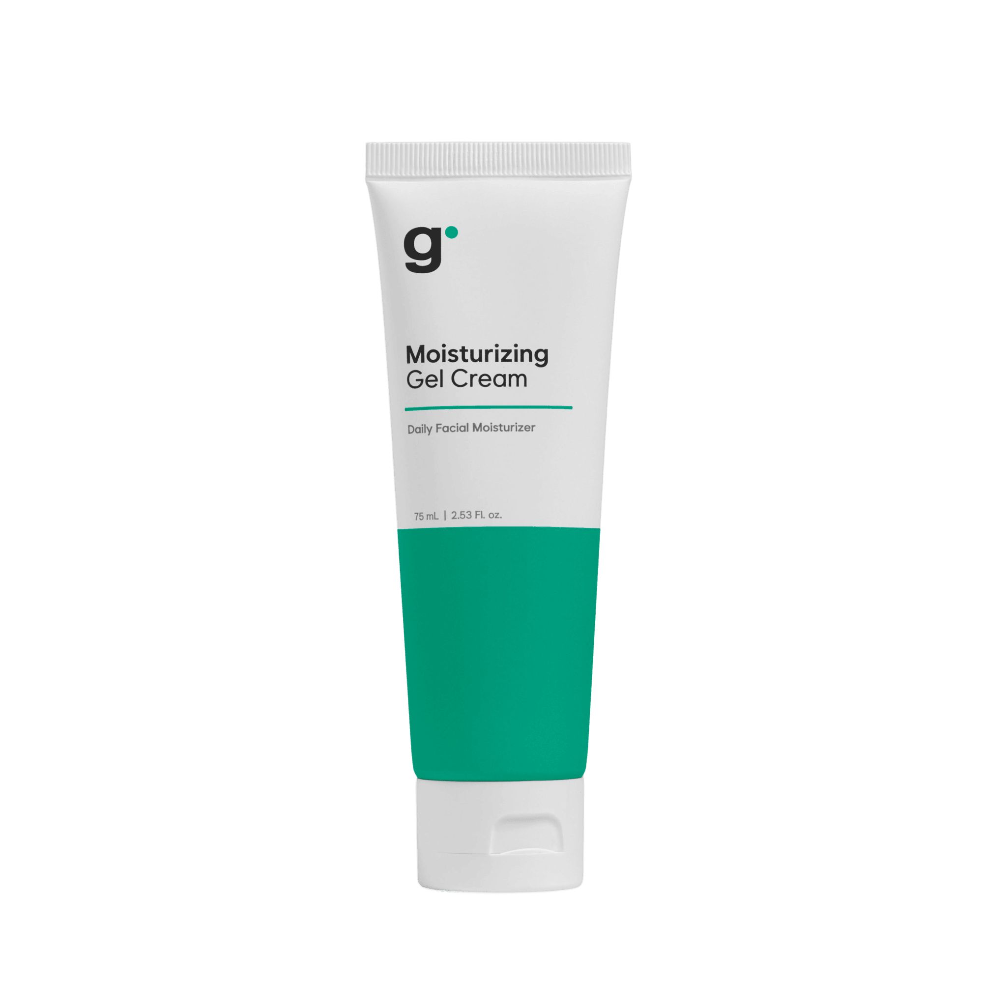 Weiße Tube mit grünem Abschnitt. Enthält "g"-Logo und "Moisturizing Gel Cream"-Text. "Daily Facial Moisturizer" darunter.