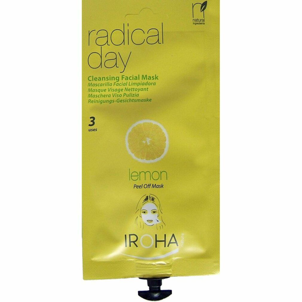 Gelbe Verpackung mit Zitrone-Illustration. Text: radical day, Cleansing Facial Mask, 3 uses, IROHA.