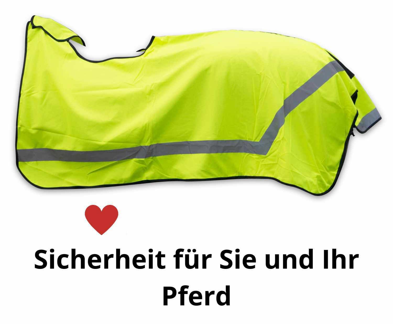 Gelbe Pferdedecke mit Reflexstreifen. Text: Sicherheit für Sie und Ihr Pferd.