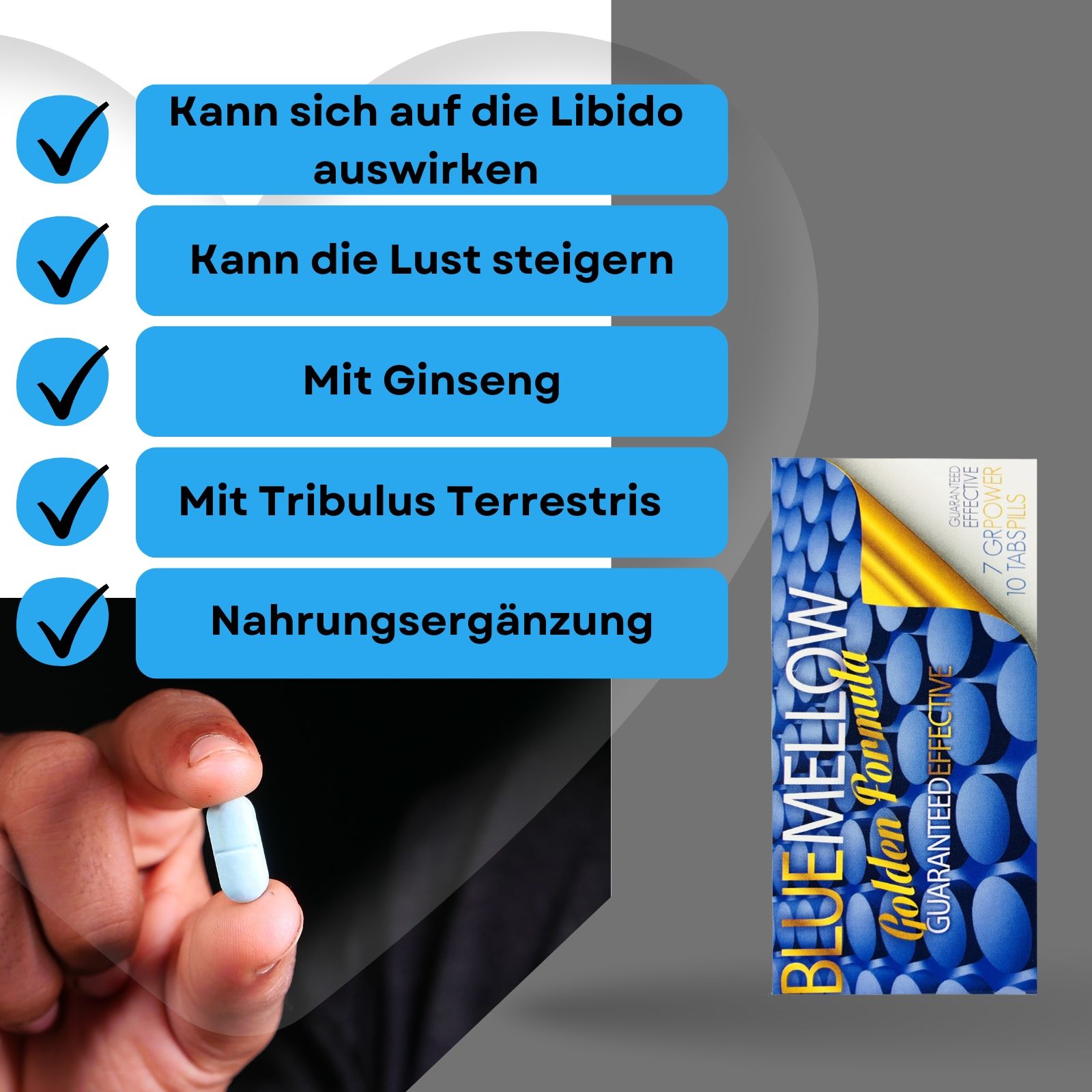 Produktverpackung und Tablette. Aufschrift: BLUE MELLOW Golden Formula. 7 GR POWER, 10 TABS/PILLS. Blaue Tablette.