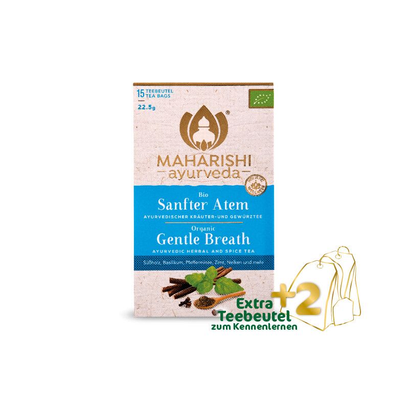 Verpackung von Maharishi Ayurveda Tee. Aufschrift: Sanfter Atem, 15 Teebeutel, Bio-Siegel. Mit 2 Extra-Teebeuteln zum Kennenlernen.