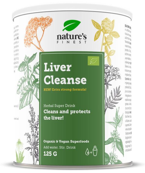 Dose Nature's Finest Bio Liver Cleanse. Grün-weißes Etikett mit Produktnamen und Logo. 125g.