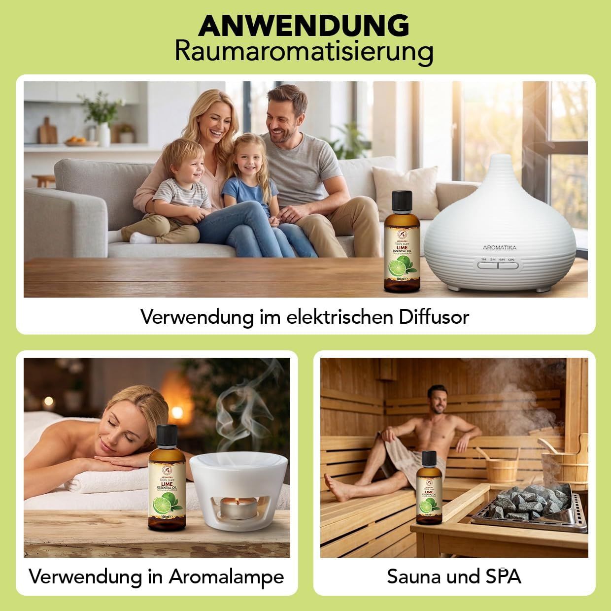 Anwendung von ätherischem Öl in einem Diffusor, einer Aromalampe und in einer Sauna. "ANWENDUNG" auf Deutsch.