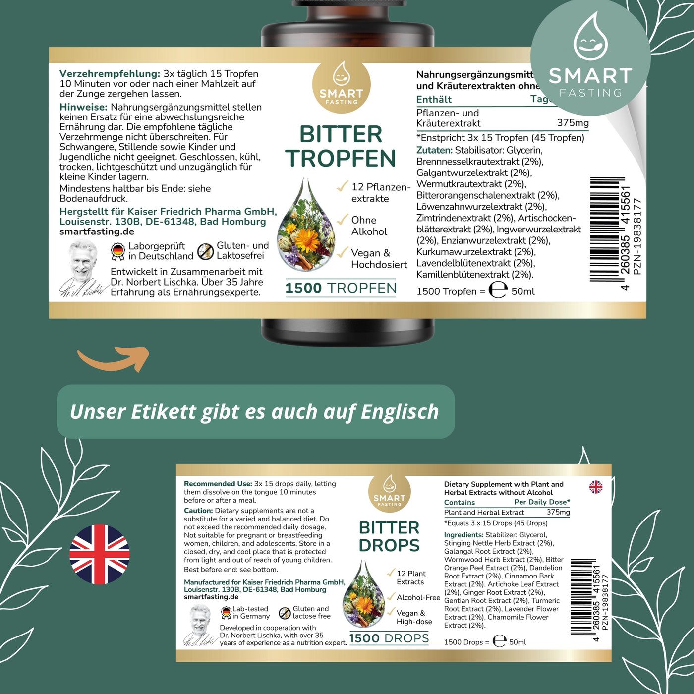 Smart Fasting® Bittertropfen - Ohne Alkohol - 12 Pflanzenextrakte - vegan - hochdosiert