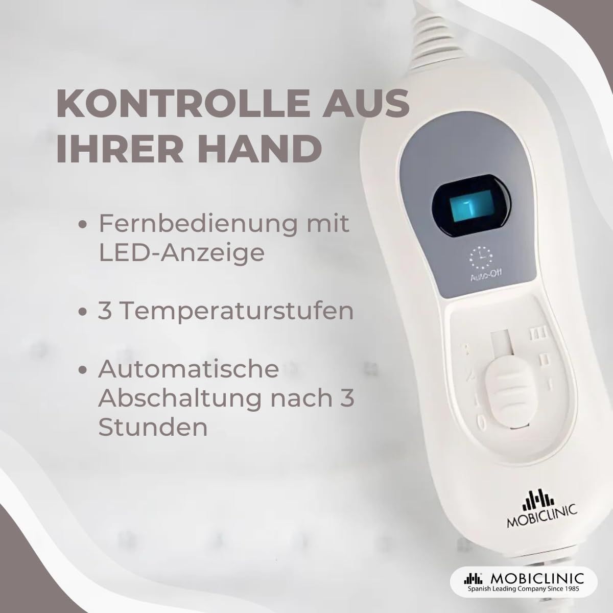 Nahaufnahme einer Fernbedienung für eine Heizdecke mit LED-Anzeige und 3 Temperaturstufen.