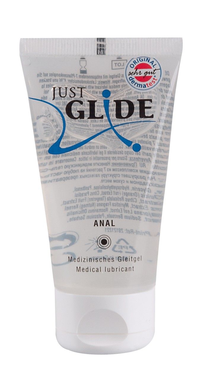 Tube mit Aufschrift: JUST GLIDE ANAL. Medizinische Gleitgel. Medical lubricant. Mit dermatest Siegel.