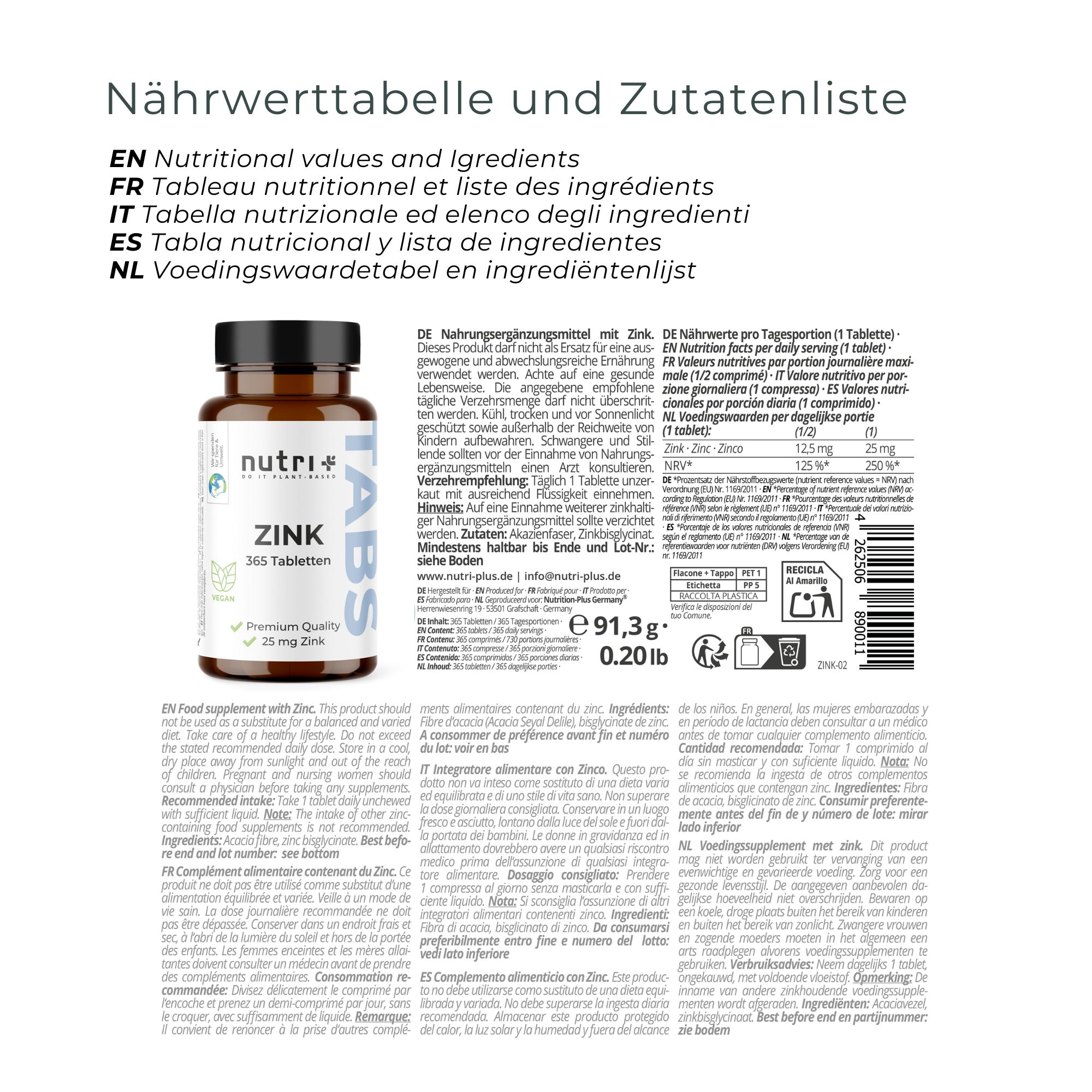 nutri+ Zink Tabletten 25 mg - 365 Stück