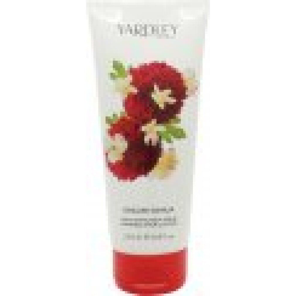 Weiß-rote Tube mit floralem Design. Schriftzug: Yardley London, English Dahlia, Exfoliating Body Scrub. 6.8 fl. oz.