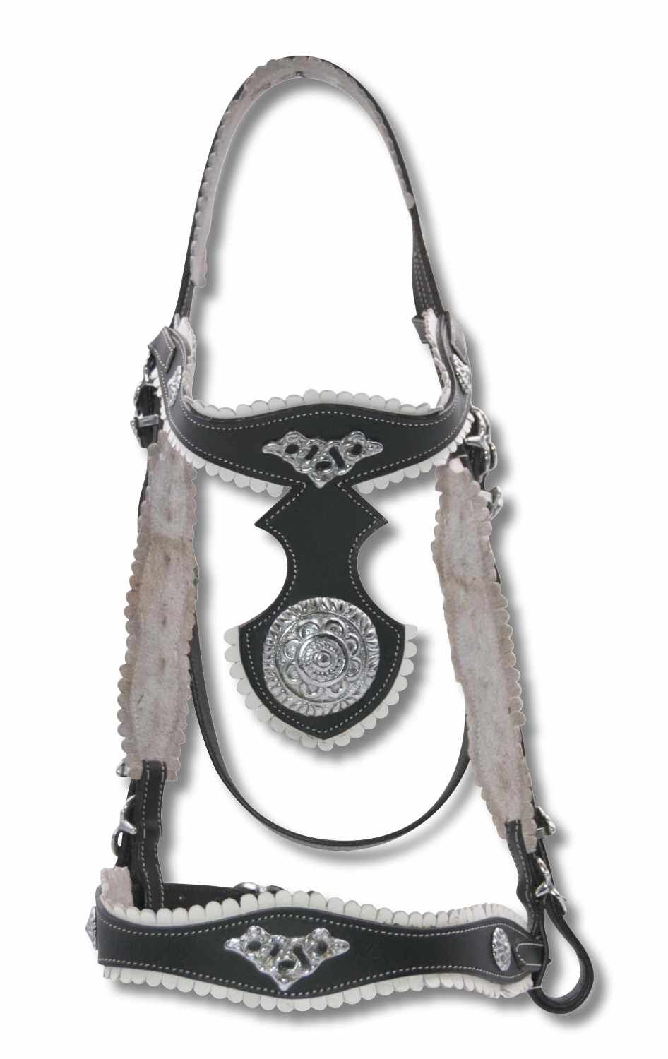 Schwarze Trense mit silbernen Ornamenten und weißen Ziernähten. Barockzaum.