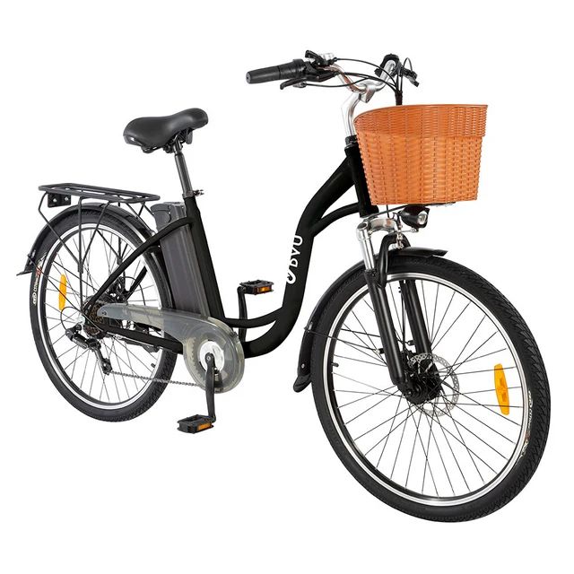 Schwarzes Elektrofahrrad mit Korb. DYU-Logo am Rahmen. Orangefarbener Korb. Akku und Gepäckträger.