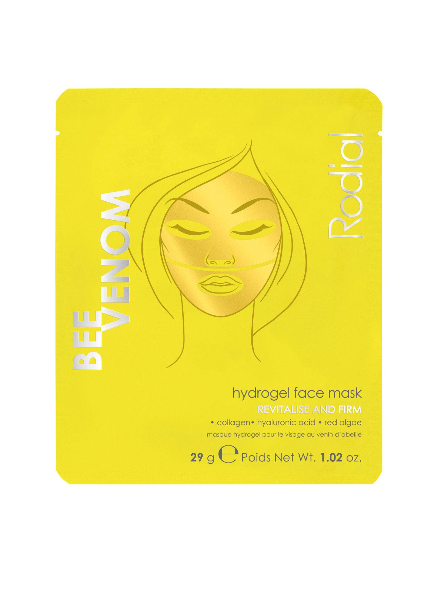 Gelbe Verpackung mit Gesichtsskizze. Schriftzug: BEE VENOM, Rodial, hydrogel face mask, REVITALISE AND FIRM. 29 g.