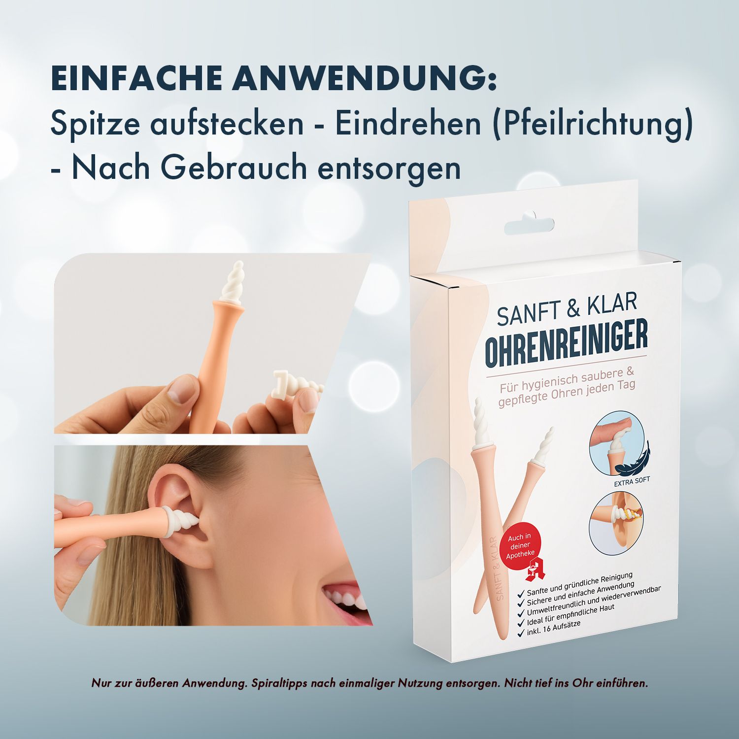Produktverpackung mit Text: SANFT & KLAR Ohrenreiniger. Rosa Reinigungsstäbchen. Anwendungshinweise. Illustrationen der Anwendung.