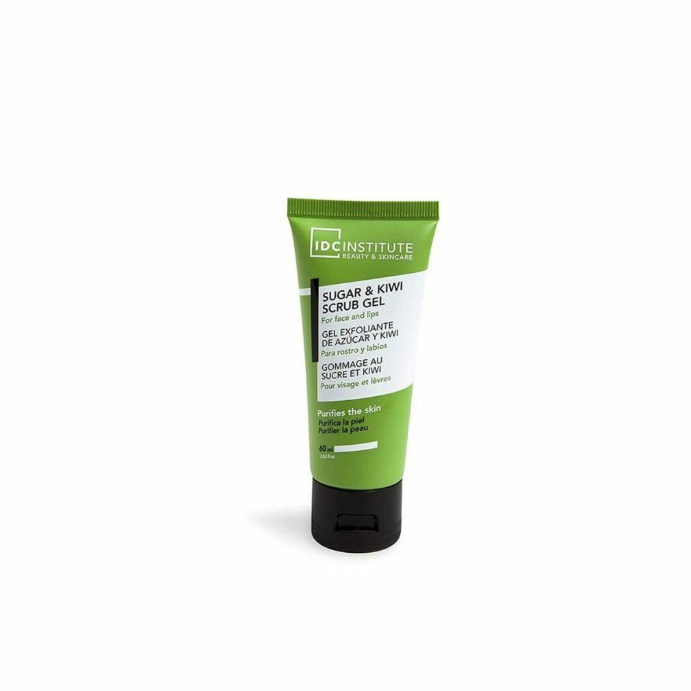 Grüne Tube mit schwarzem Deckel. Text: Sugar & Kiwi Scrub Gel, IDC INSTITUTE. Gel für Gesicht und Körper.