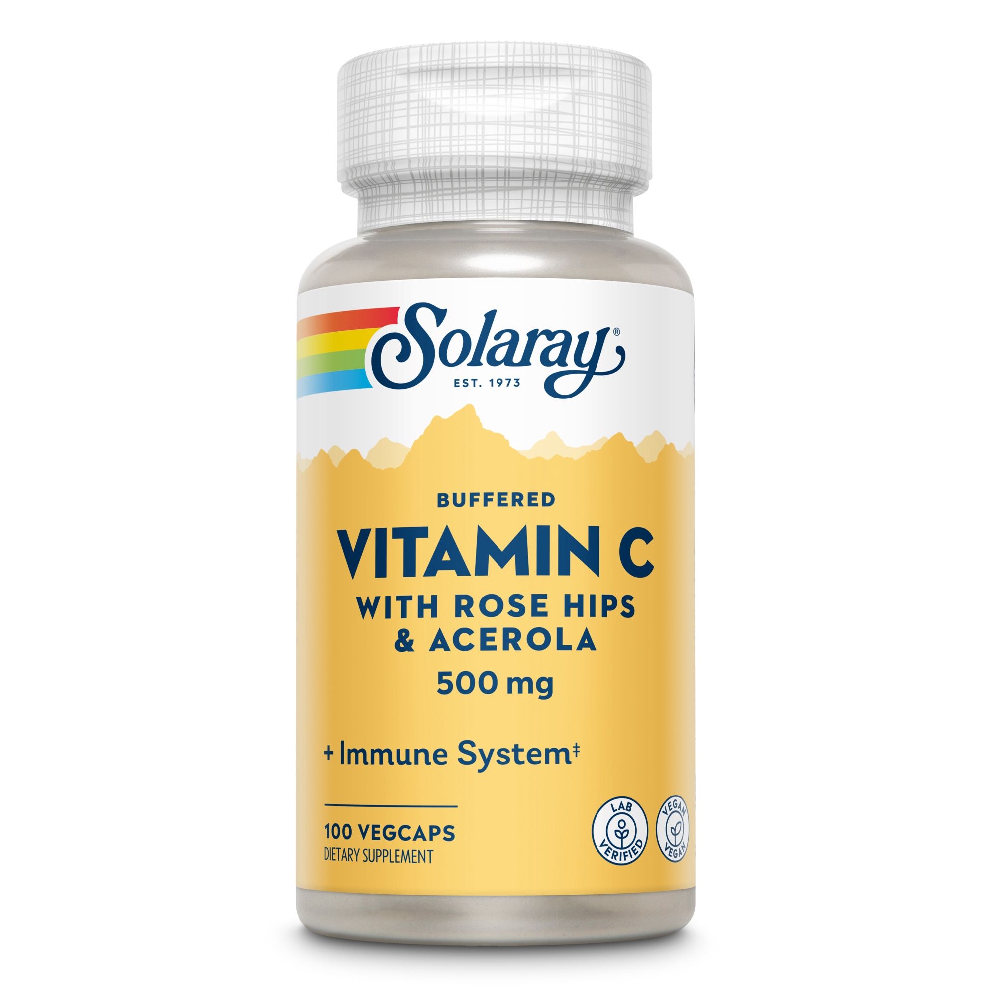 Eine Flasche Solaray Vitamin C 500 mg mit Hagebutte & Acerola. Enthält 100 Vegicaps. Mit Immune System.