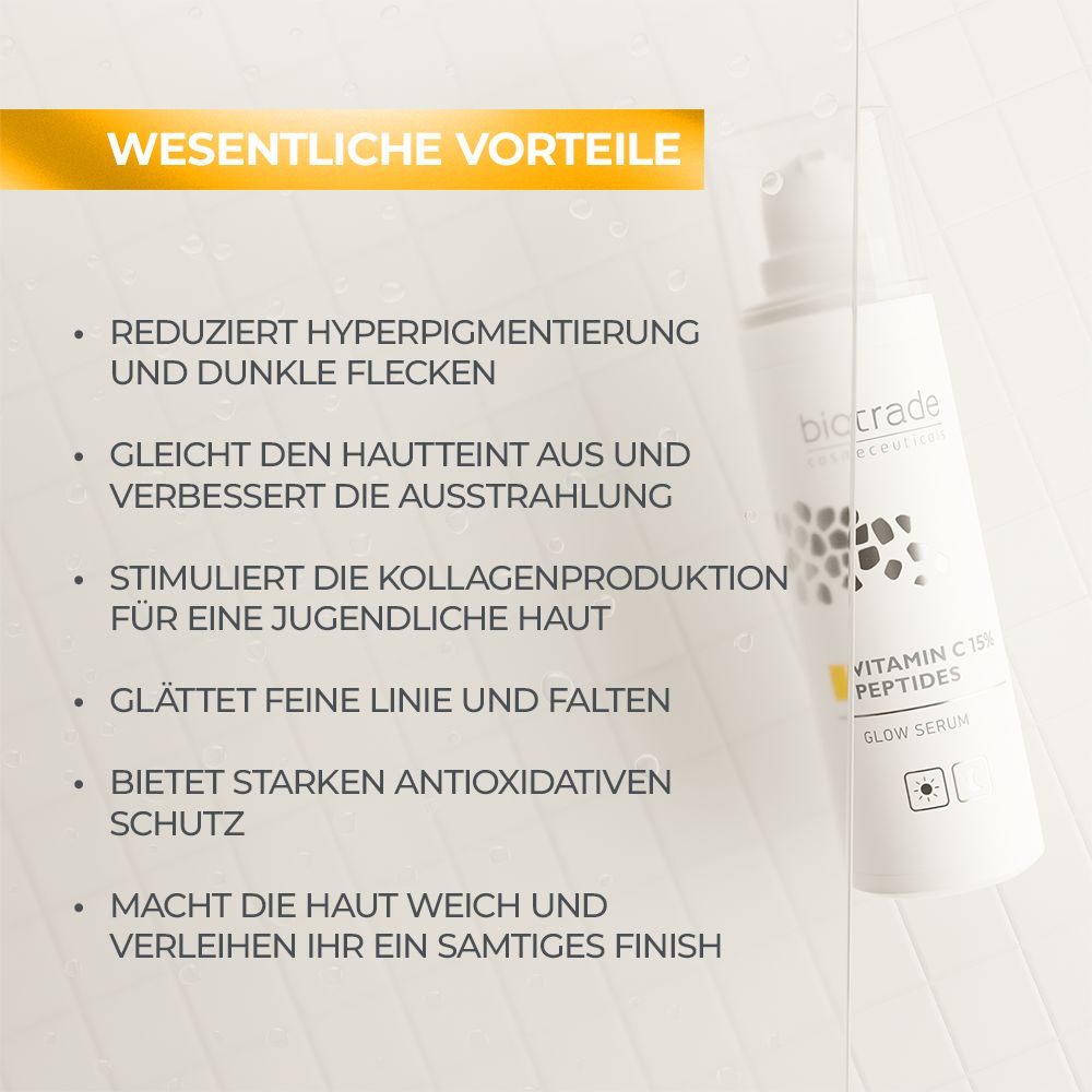 Text-basierte Grafik mit Vorteilen des Biotrade Serums. Reduziert Hyperpigmentierung, verbessert Ausstrahlung, stimuliert Kollagen.