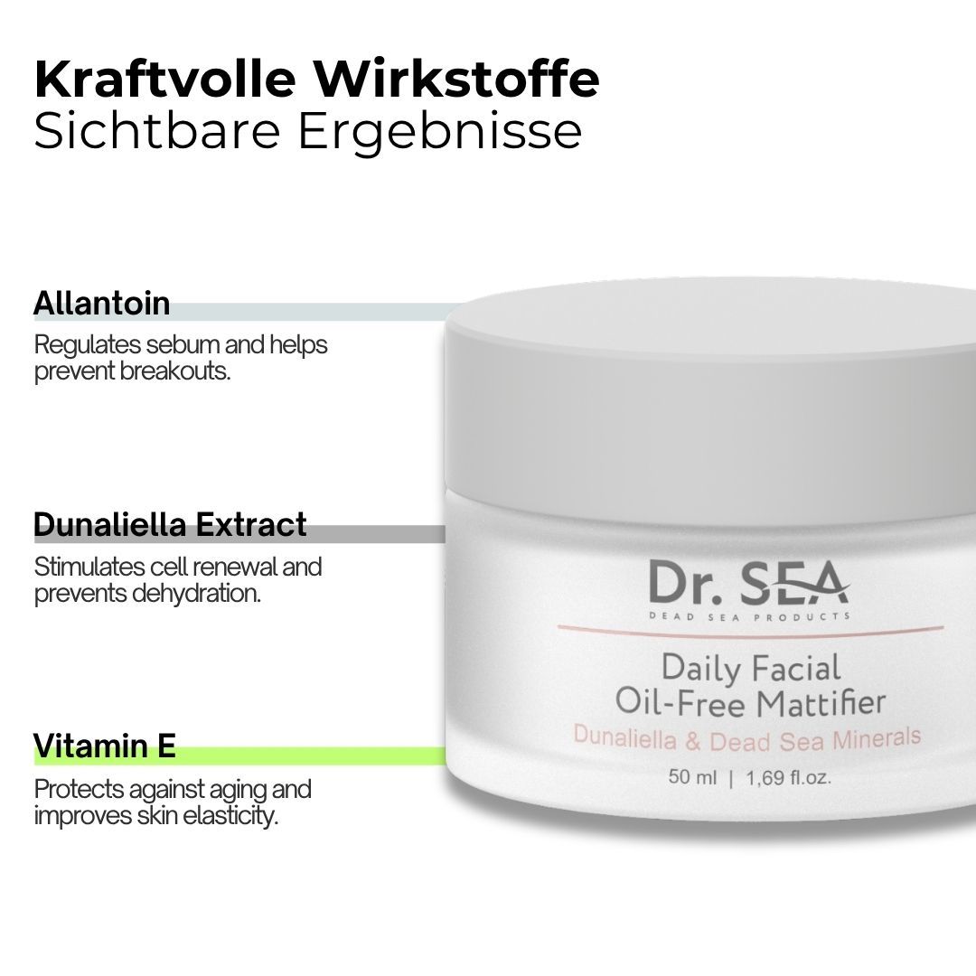 Creme-Tiegel mit Text. Text: Kraftvolle Wirkstoffe, Allantoin, Dunaliella Extract, Vitamin E, Daily Facial Oil-Free Mattifier.