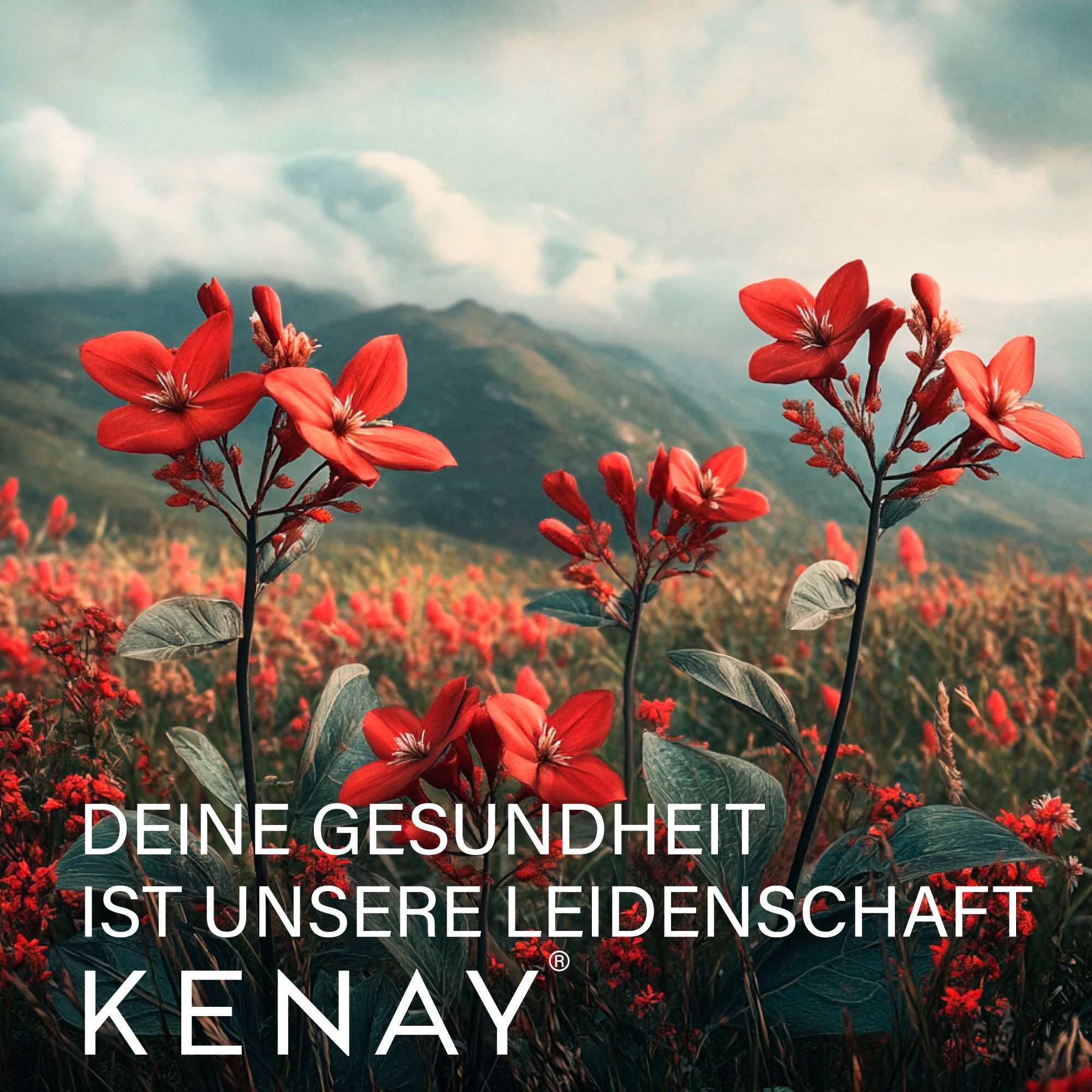Landschaft mit roten Blumen und Text: DEINE GESUNDHEIT IST UNSERE LEIDENSCHAFT. Marke KENAY.