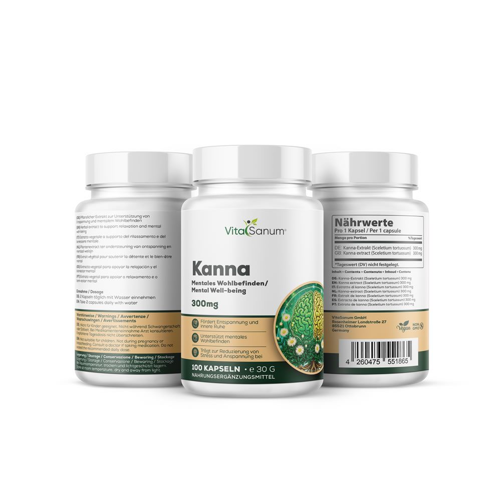 Drei weiße Flaschen mit Kapseln. Aufschrift: VitaSanum Kanna, 300mg. Illustration eines Gehirns. 100 Kapseln.