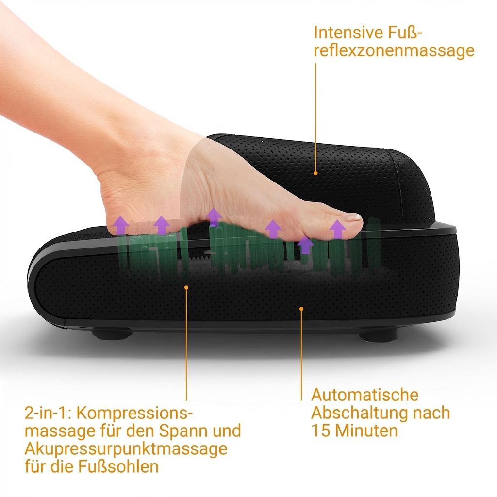 Detailansicht eines Fußes im Fußmassagegerät mit Kompressionsmassage-Indikatoren.