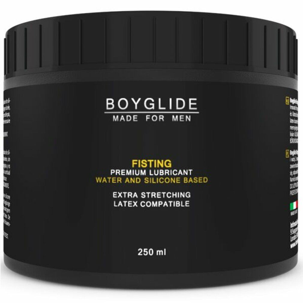 Schwarzer Tiegel. Aufschrift: BOYGLIDE, FISTING, Premium Gleitmittel, wasser- und silikonbasiert, extra dehnbar, latexfreundlich. 250 ml.