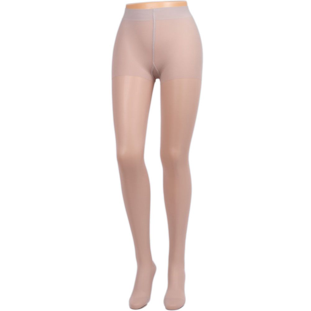 Hautfarbene Strumpfhose auf einer Schaufensterpuppe. Blick von vorne, Beine und Füße sichtbar.