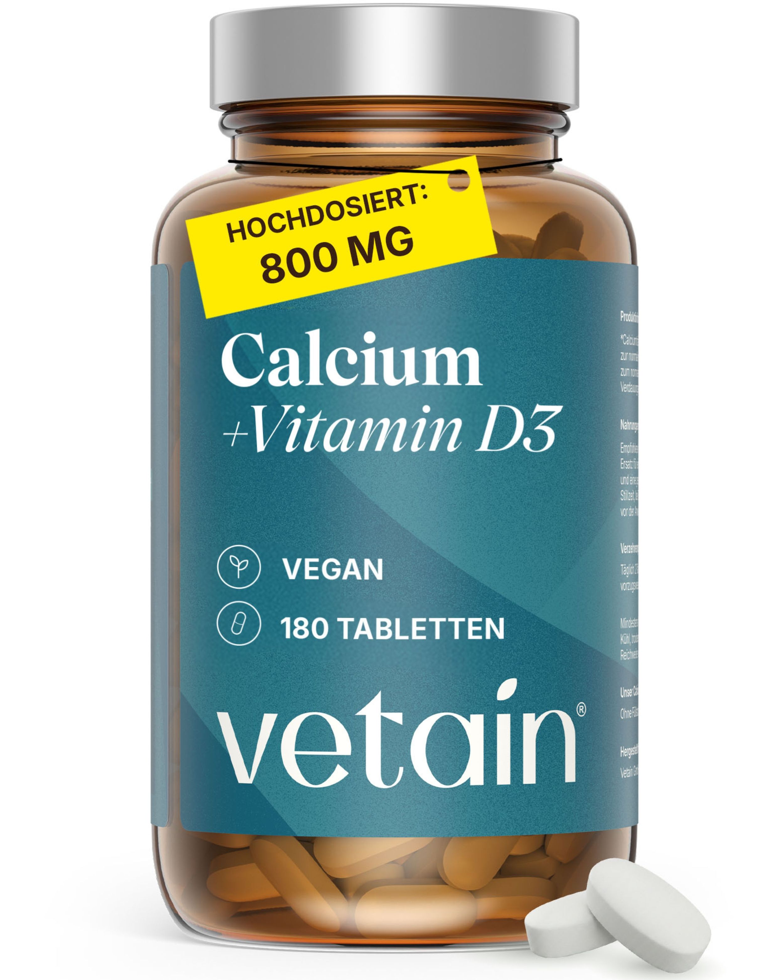 VETAIN Calcium + Vitamin D3 Tabletten, 180 Stück in Braunglasflasche.
