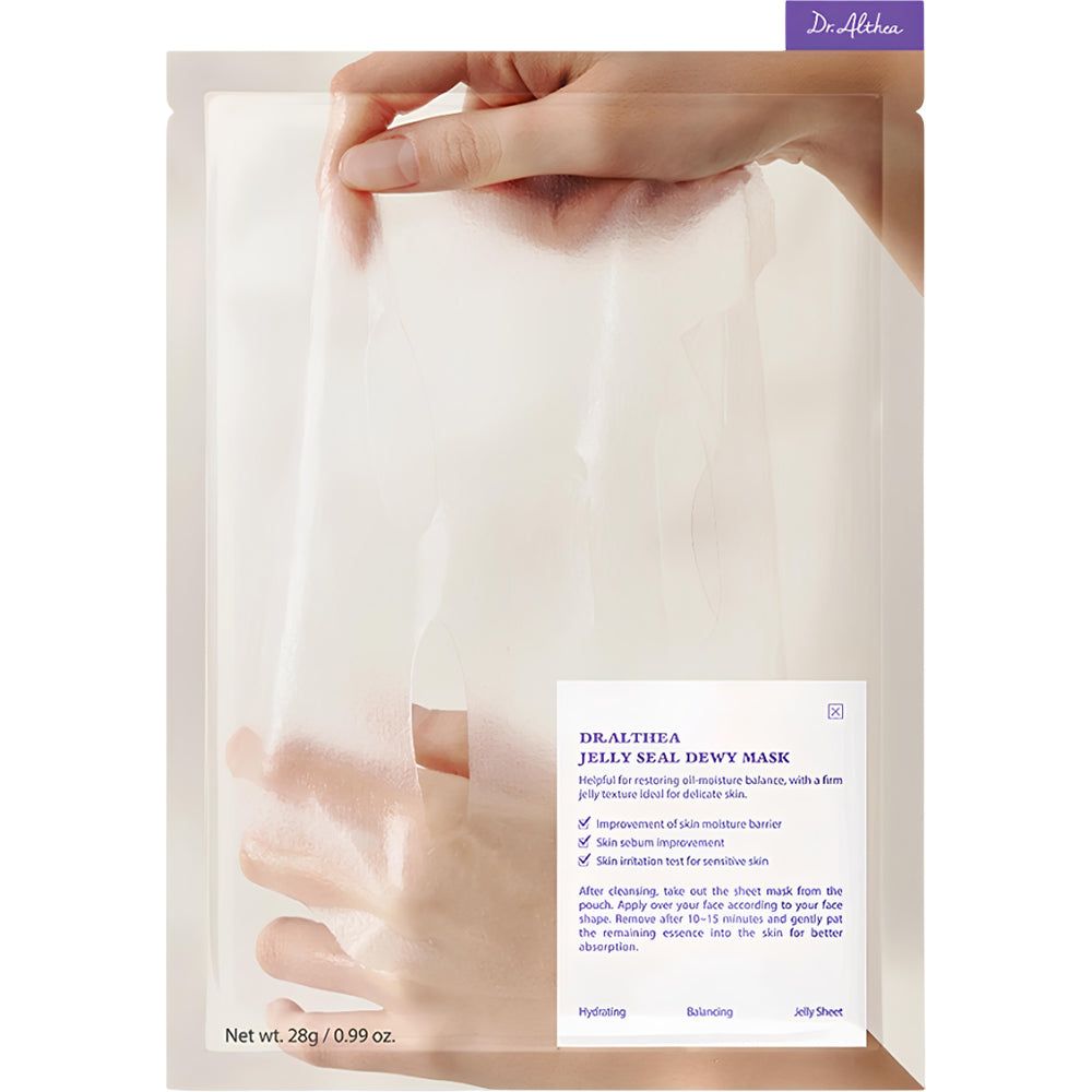 Maskenpackung mit Produktinformationen. Marke: Dr. Althea. Produktname: Jelly Seal Dewy Mask.