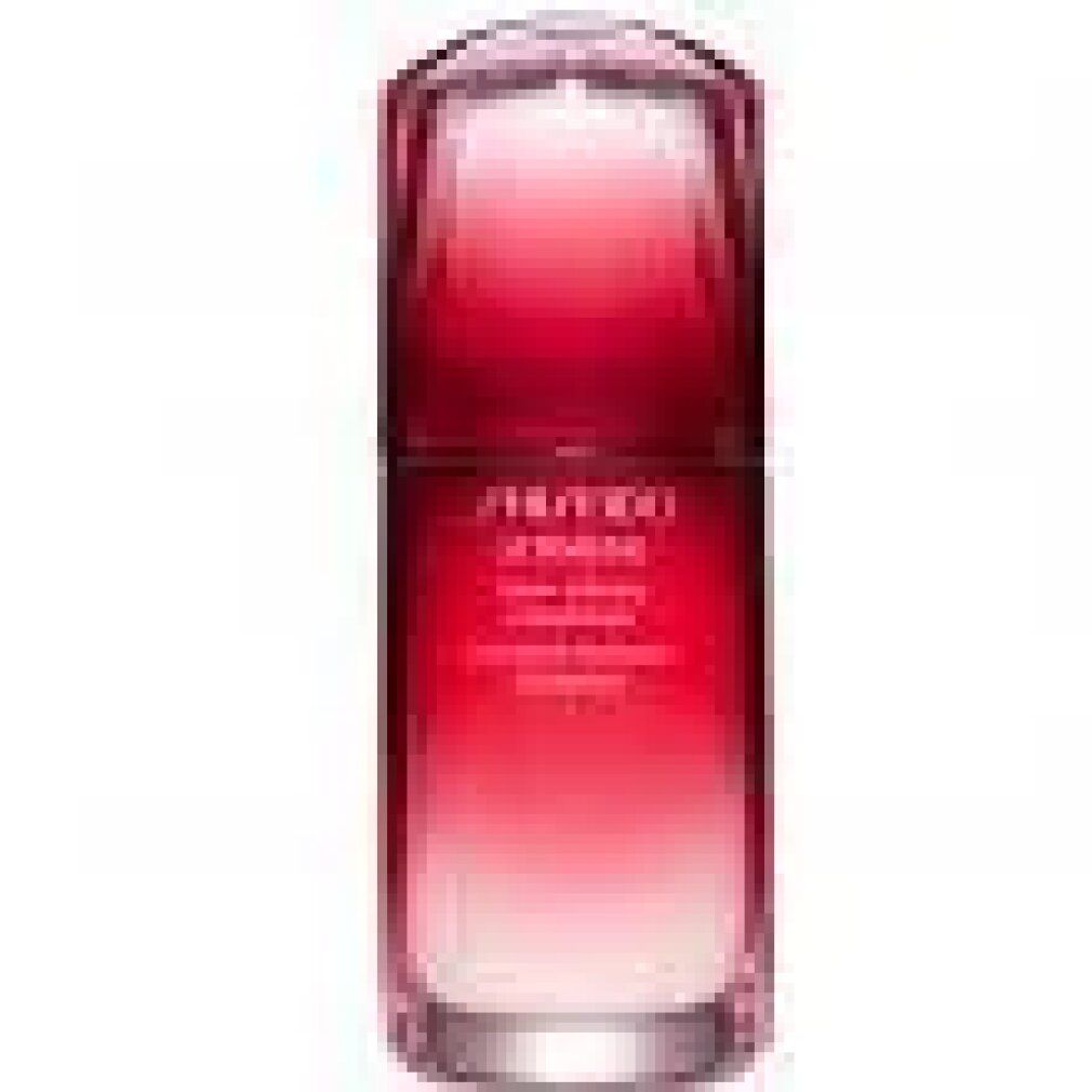 Rote, längliche Flasche mit silbernem Deckel. Aufschrift: SHISEIDO ULTIMUNE Power Infusing Concentrate. Farbverlauf von Rot nach Transparent.