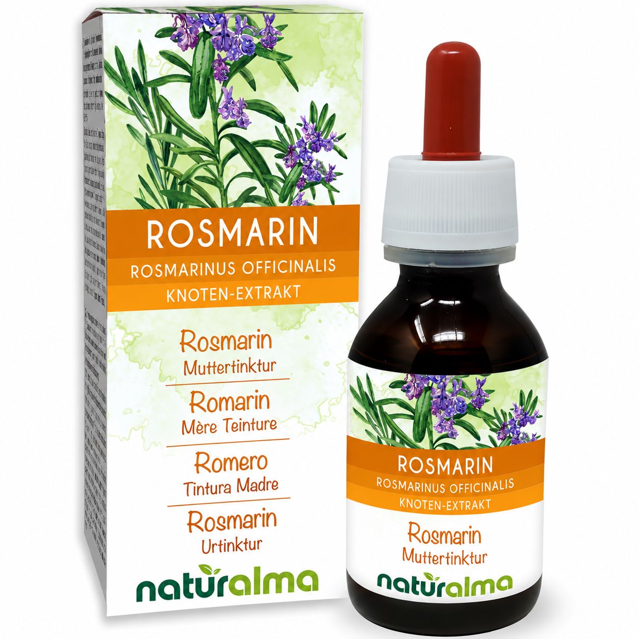 Rosmarin Knoten-Extrakt von naturalma in Braunglasflasche mit Pipette und Faltschachtel.